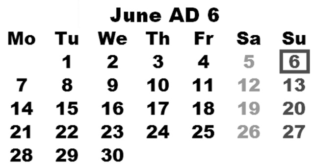 Example month from the Gregorian calendar with a public holiday marked.