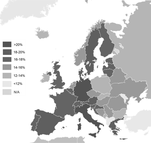 A map showing the percentage of population who were drunk for the entirety of 1993.